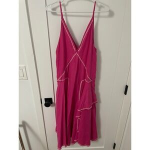 Esteban Cortazar Pink V-Neck Linen Blend Dress Ruffle‎ Hem XL